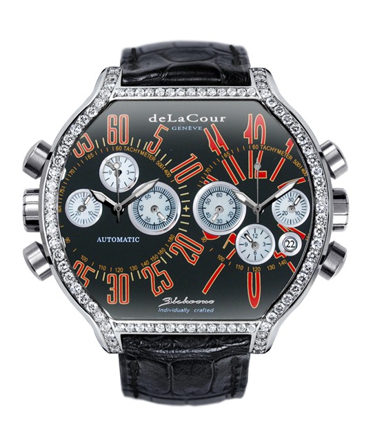Replica DeLaCour BiChrono S2 Steel Diamond Bezel Black and Red WAST2130-0982 Replica Watch